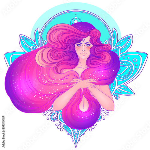 Pretty fairy elf. Portrait of young woman view with long hair. Pixie pagan pr...