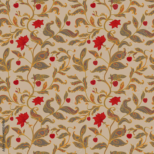 Seamless pattern with fantasy flowers, natural wallpaper, floral decoration curl illustration. Paisley print hand drawn elements. Home decor.