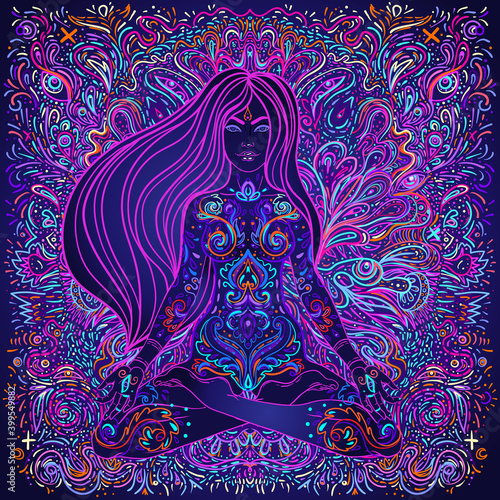 Beautiful Girl sitting in lotus position over ornate colorful neon background. Vector illustration. Psychedelic mushroom composition. Buddhism esoteric motifs. Tattoo, spiritual yoga.