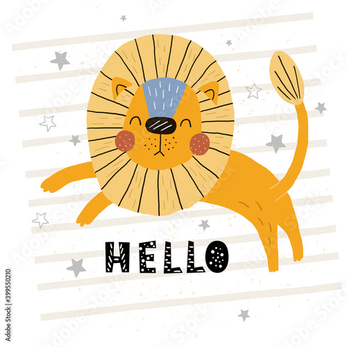 Funny cute scandinavian lion cartoon style. Vector print with lion. Printable templates. vector print. Perfect for kids apparel, poster, baby shower card. Vector illustration