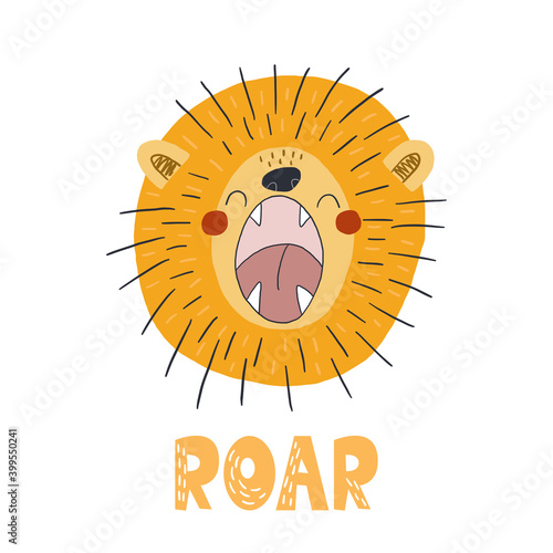 Funny cute scandinavian lion cartoon style. Vector print with lion. Printable templates. vector print. Perfect for kids apparel, poster, baby shower card. Vector illustration