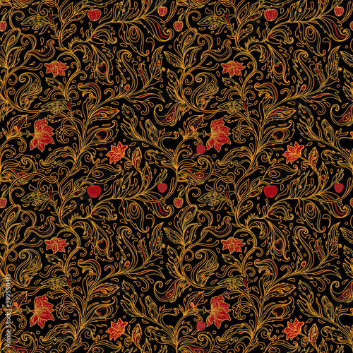 Seamless pattern with fantasy flowers, natural wallpaper, floral decoration curl illustration. Paisley print hand drawn elements. Home decor.