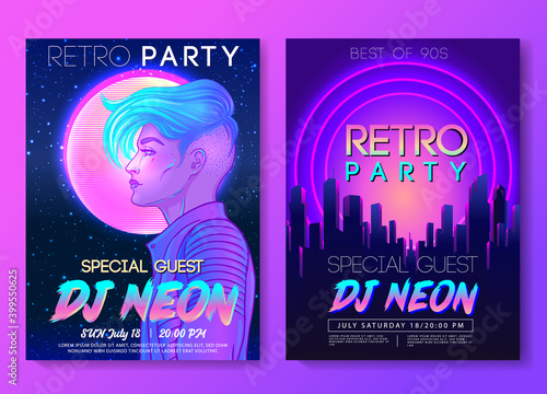 Futuristic synth wave style. Retroparty flyer template. Portrait of a young pretty androgynous woman with short shaved pixie undercut in retro futurism style. Vector illustration in neon bright color