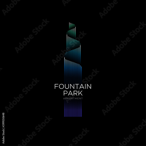 Fountain park logo. Luxury Apartments emblem. Tower as wave fountain with beautiful lighting. Skyscraper symbol.