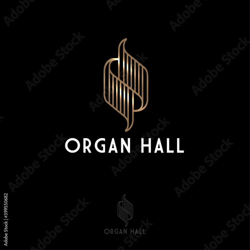 Organ hall logo. Gold abstract symbol and letters. Music emblem. Logo can be used for music festival, philharmonic, music hall.