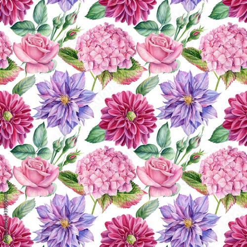 Floral seamless pattern  flowers hydrangea  clematis  dahlias  buds and leaves watercolor painting