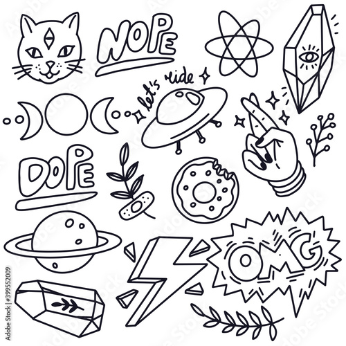 Wallpaper Mural Isolated vector line art doodle patches stickers or pins n 80's 90's style. Cool mint green illustrations for UFO, moon, planet, crystals, three-eyed cat, doughnut. Torontodigital.ca
