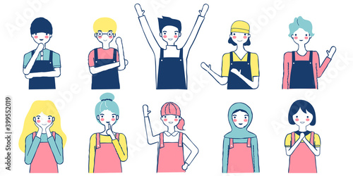 Wallpaper Mural Male and female portraits bundle wearing apron. Group of diverse people in various poses. Hand drawn doodle flat vector illustration design. Relaxing color concept and good feeling atmosphere on white Torontodigital.ca