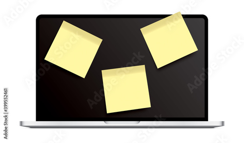 Open laptop with yellow sticky notes on the black screen, isolated on a white background. Modern notebook with To-Do list, or reminder blank notes.