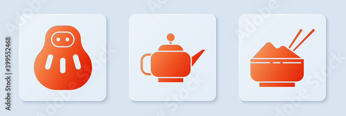 Set Japanese tea ceremony, Maneki neko cat and Rice in a bowl with chopstick. White square button. Vector.