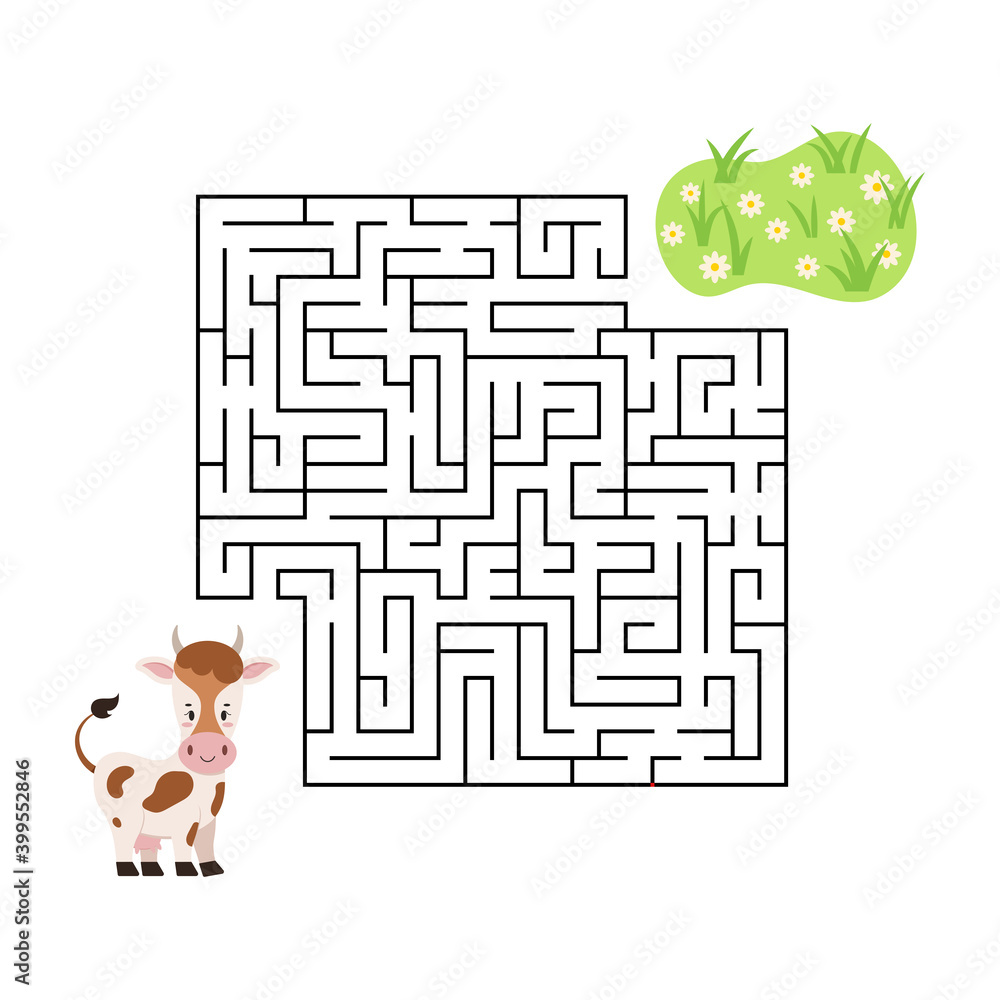 Maze game cow find grass in labyrinth isolated on white background ...