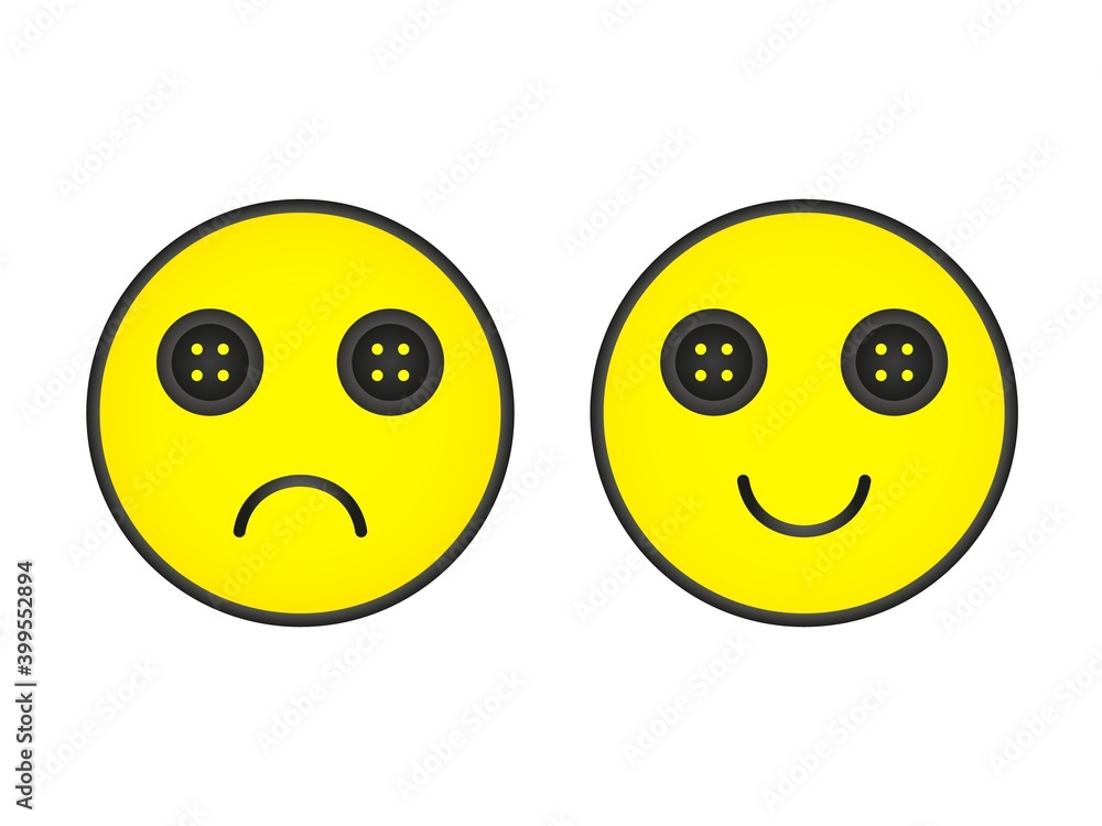 Fototapeta premium Smiley with buttoned eyes. Smiling and sad yellow emoji with buttons instead of eyes creepy vector character mood design.