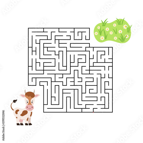 Maze game cow find grass in labyrinth isolated on white background. Cartoon worksheet with animal for kids education. Help cow to find right path to food in labyrinth. Vector flat quiz illustration.