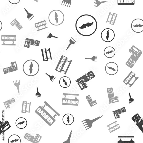 Set Mustache, Hairbrush, Shaving gel foam and Barbershop on seamless pattern. Vector.
