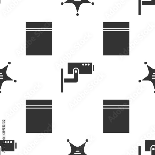 Set Hexagram sheriff, Security camera and Plastic bag with ziplock on seamless pattern. Vector.