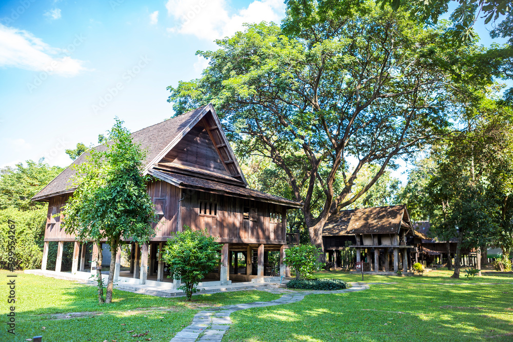 Traditional Thai style wooden house surrounded with nature, summer outdoor day light, Thai hosue museum in Norther of Thailand