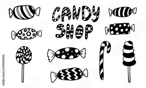 Doodle candy illustration. Hand drawn dessert isolated on white background. Vector festive icon for candy shop poster. Sweet unhealthy food