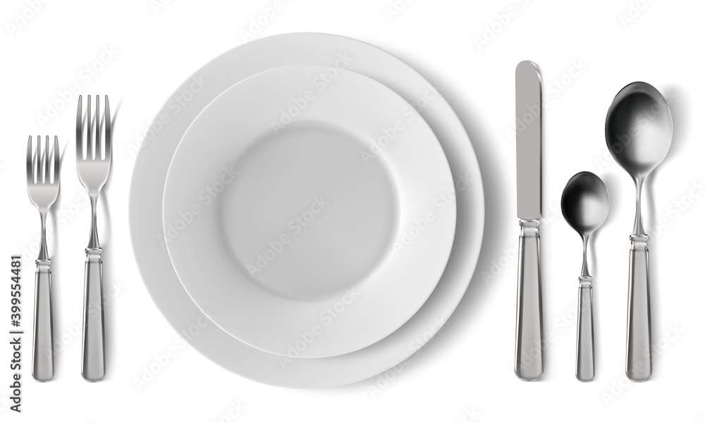 Realistic table cutlery serving. Empty plates with silver cutlery, dinner serving setting. Lunch serving dishes vector illustration. Flatware realistic dish, knife and spoon Realistic table cutlery serving. Empty plates with silver cutlery, dinner serving setting. Lunch serving dishes vector illustration. Flatware realistic dish, knife and spoon