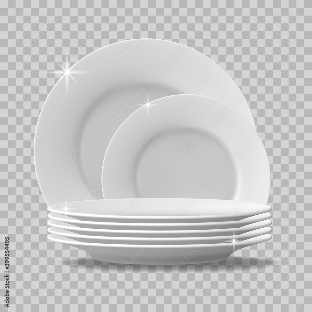 Realistic plates stack. Clean dishes, stacked kitchen tableware, dishwasher washed food plates. Stack of clean tableware vector illustration. Porcelain crockery plate, detailed kitchen closeup utensil - obrazy, fototapety, plakaty 
