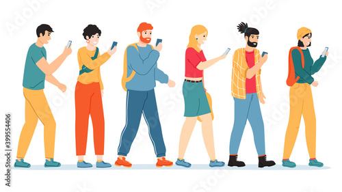People smartphone addiction. Internet, social media addicted people, male and female character with gadget addiction problems vector illustration. Smartphone addiction, female and male in social media