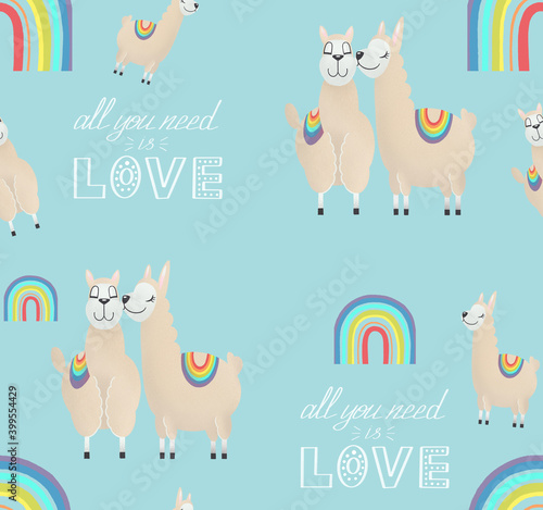 Seamless pattern with two kissing llamas. All you need is love. LGBT © katerina_kostina