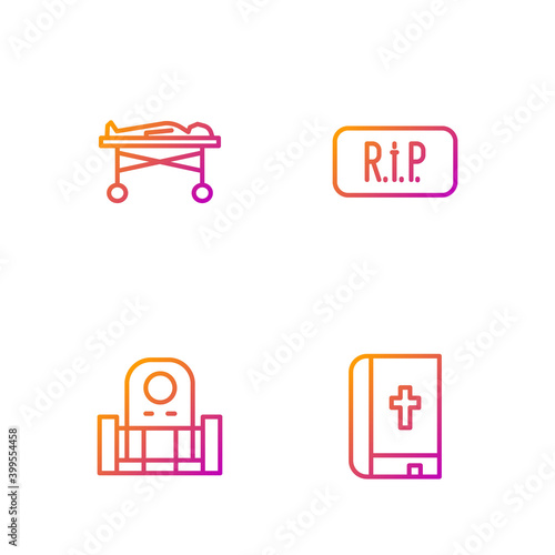 Set line Holy bible book, Grave with tombstone, Dead body in the morgue and Speech bubble rip death. Gradient color icons. Vector.
