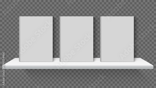 Realistic bookshelf mockup. White 3d books standing on shelves, book store, library or school bookshelf. Books on bookshelf vector illustration. Library shelf with booklet in bookcase
