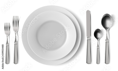 Realistic table cutlery serving. Empty plates with silver cutlery, dinner serving setting. Lunch serving dishes vector illustration. Flatware realistic dish, knife and spoon