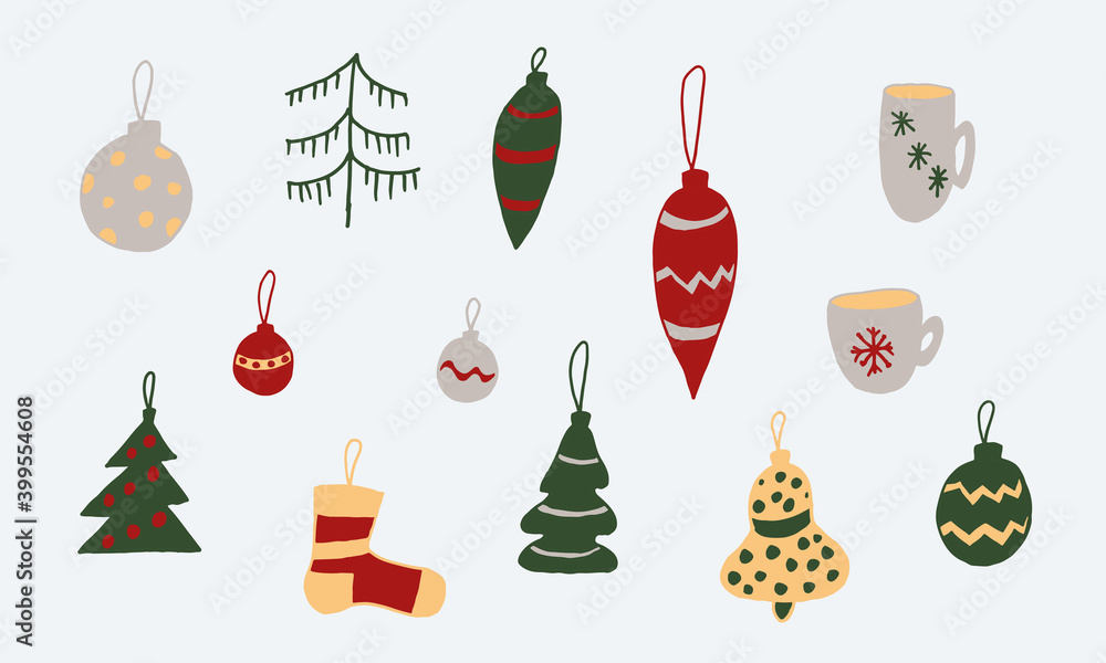 Hand drawn Christmas ornaments. Vector illustration isolated on white background. Festive New Year decoration Hand drawn Christmas ornaments. Vector illustration isolated on white background. Festive New Year decoration