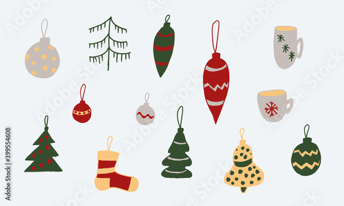 Hand drawn Christmas ornaments. Vector illustration isolated on white background. Festive New Year decoration