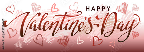 Valentine Day greeting card template with calligraphy and hearts on pink background.