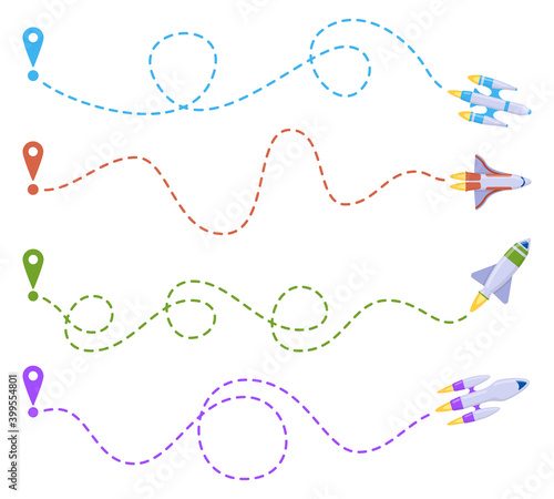 Rocket line route. Space travel dashed line trace, spacecraft ship routes, flying shuttle. Aerospace rockets dotted line route vector illustration. Flight line way, rocket path dotted