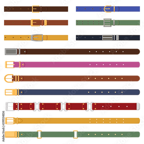 Leather strapping belts. Leathern belt with metal buckle, elegant fashion strap elements. Leather clothes accessories vector illustration set. Belt with metallic buckle, accessory brown and colored