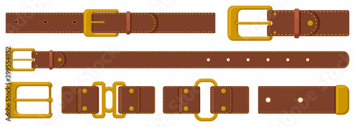Leather strapping. Brown leather belts with steel buckles and metal fittings. Haberdashery strapping accessories vector illustration set. Strapping belt form leather, metallic accessory photo