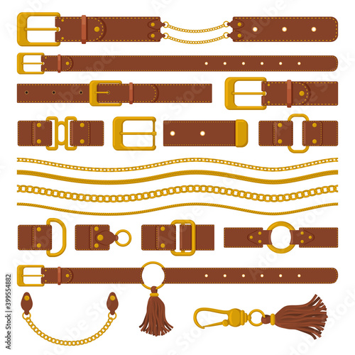 Belts and chains elements. Leather brown belts, gold ring straps, chains and metal buckles. Haberdashery leather accessories vector illustration. Leather belt straight, clasp and strap part photo