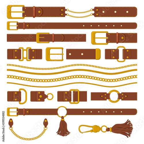 Belts and chains elements. Leather brown belts, gold ring straps, chains and metal buckles. Haberdashery leather accessories vector illustration. Leather belt straight, clasp and strap part