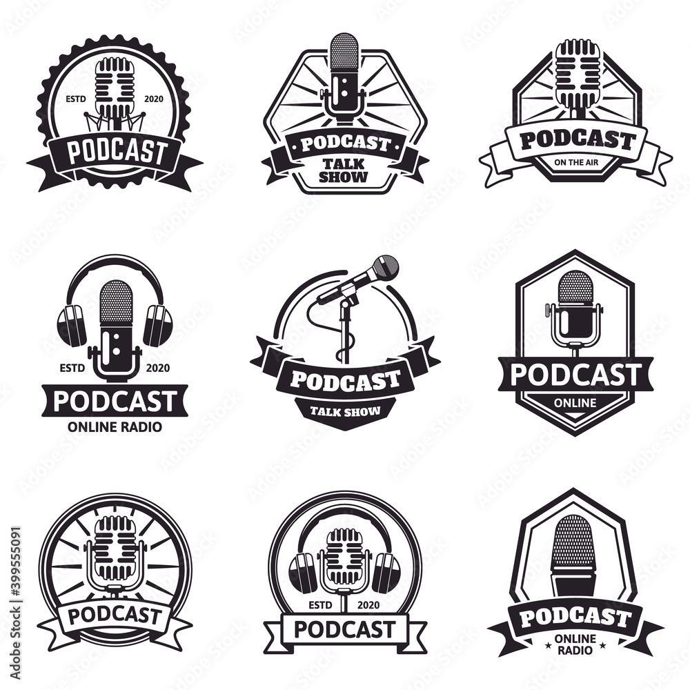 Podcast emblems. Radio station, audio podcast and music studio labels, retro microphone podcast air. Radio podcast vector illustration set. Microphone logo to broadcast radio collection