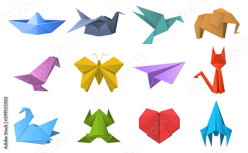 Paper origami shapes. Origami polygonal paper folding, pigeon, animals, plane and ship figures. Oriental origami hobby vector illustration set. Origami polygon animal, cat and frog