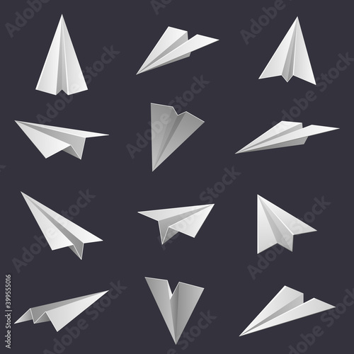 Paper planes. Handmade origami aircraft figures, paper folding hobby. Polygonal paper shapes isolated vector illustration set. Plane flight, fold polygon origami paper