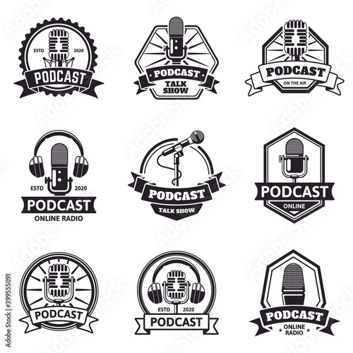 Podcast emblems. Radio station, audio podcast and music studio labels, retro microphone podcast air. Radio podcast vector illustration set. Microphone logo to broadcast radio collection