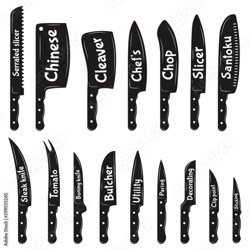 Chef steel knife. Kitchen meat cut knives, boning, cleaver, butcher, filleting, meat knives silhouettes. Butcher shop tools vector illustrations. Slicer and santoku, sticking and cleaver to butcher