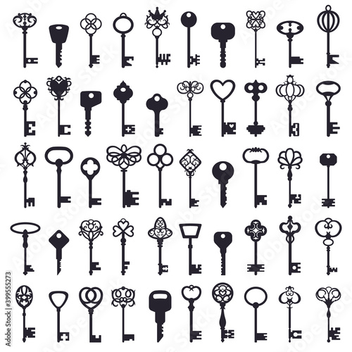 Vintage keys. Antique ornamental safe key, old and modern keys classic silhouettes. House security key symbols vector illustration set. Shape key silhouette, black antique icon photo