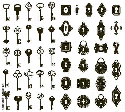 Keys and keyholes. Vintage house door keys and keyholes, decorative keys silhouettes vector illustration set. Antique and modern keys skeleton. Safety access, passkey antique, victorian keyhole photo