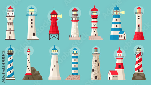 Beacon building. Lighthouses with searchlight, marine navigation coastline towers. Searchlight architecture towers vector illustration set. Searchlight guide, navigation lighthouse safety