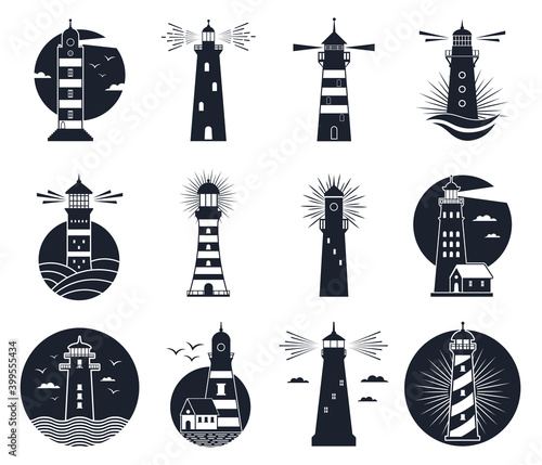 Lighthouse labels. Vintage beacon building emblems, marine navigation lighthouse silhouettes. Beacon towers labels vector illustration set. Lighthouse safety emblem, silhouette monochrome tower