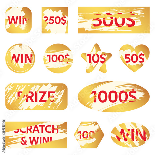 Scratch lottery card. Lottery win ticket, golden scratch cards for lottery game. Winning game card covers vector illustration set. Game winner money, luck reward cash, ticket card