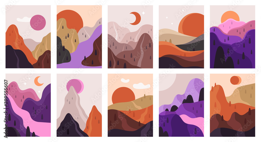 Abstract landscapes. Mountains and river minimalist scenes, contemporary aesthetic landscape. Hand drawn mountain view vector illustration set. Mountain and sunset landscape, tourism sunrise