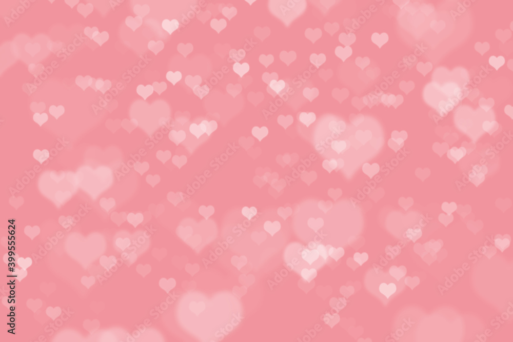 Pink bokeh background with white hearts. Valentines day concept  with copy space
