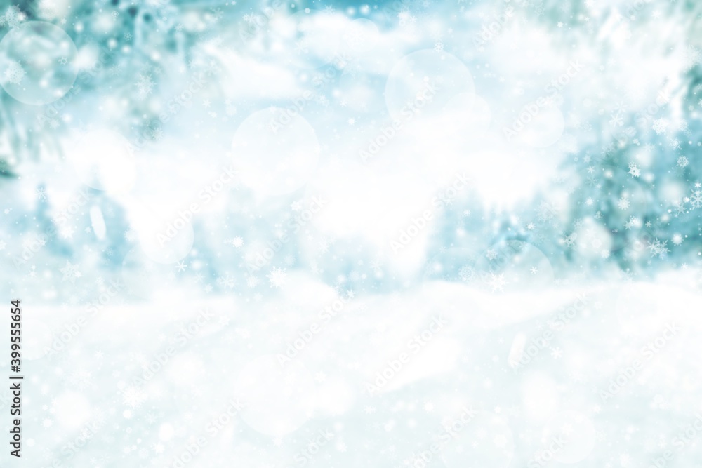 Naklejka premium sky and pine trees abstract background blurred. white snowflakes bokeh winter for Christmas new year blurred beautiful . winter time and snow space for your decoration