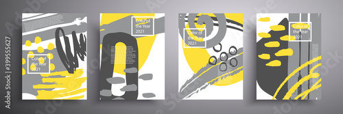 A set of geometric covers with abstract composition. The trendy colors of 2021 are gray and yellow. A beautiful background that can be used for cover, invitation, flyer, etc.